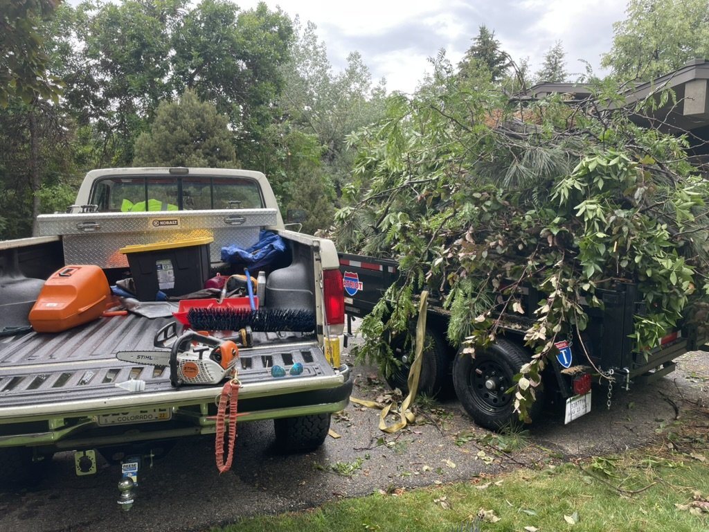 Saws in the truck bed beside the dump trailer loaded with brush