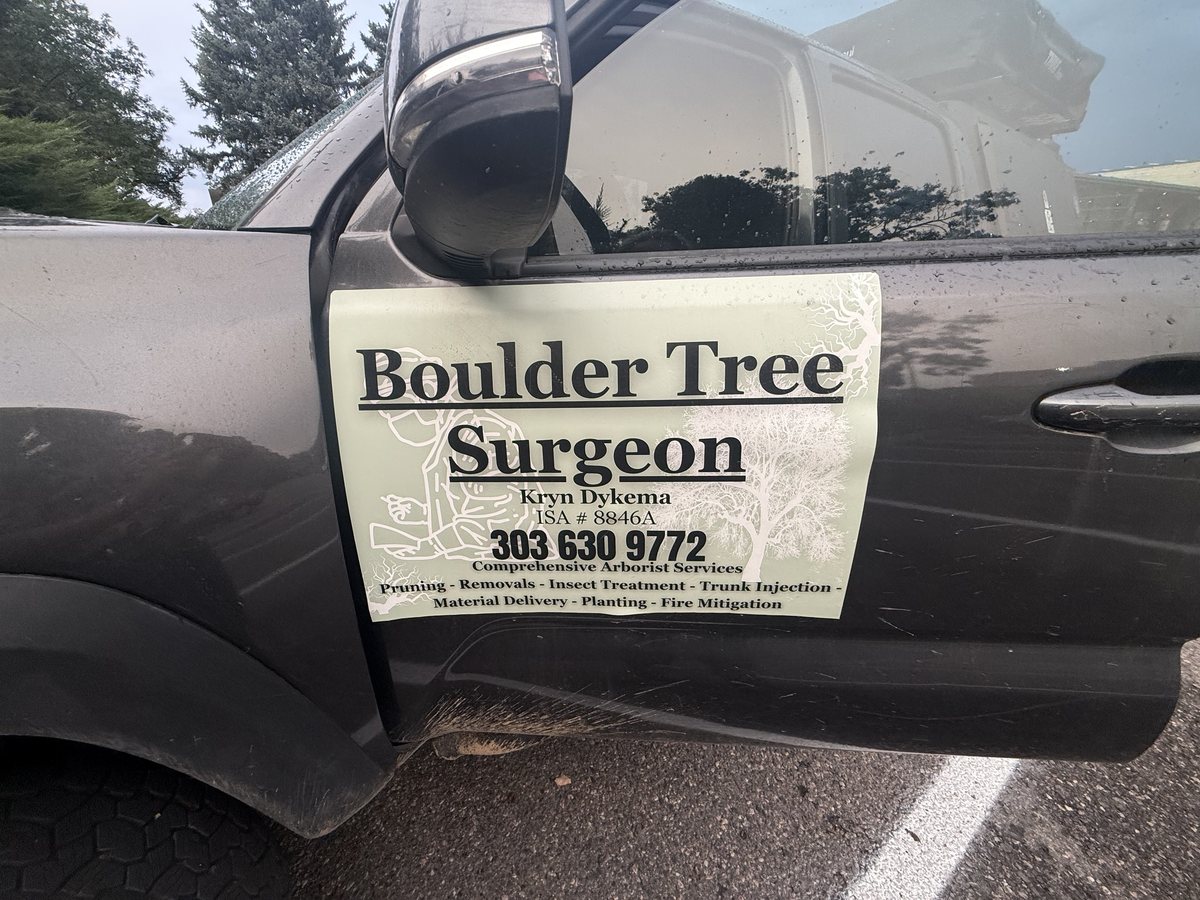 The Boulder Tree Surgeon sign on the work truck door listing arborist services and the phone number